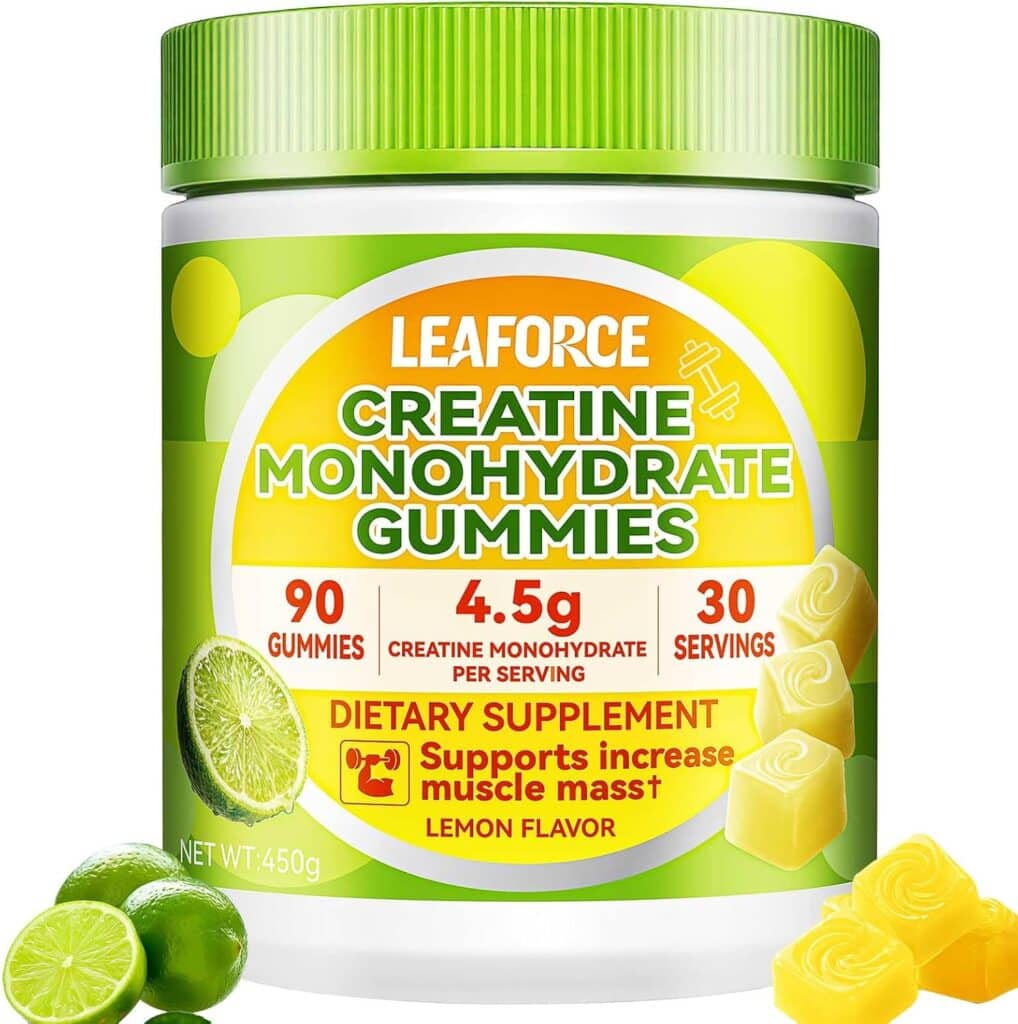 A container of LEAFORCE Creatine Monohydrate Gummies, lemon flavor, featuring 90 gummies, 4.5g creatine per serving, 30 servings per jar, with images of lemons and yellow gummies on the label.
