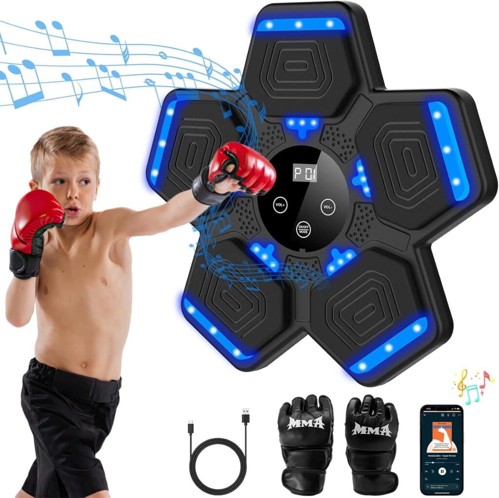 A young boy wearing red boxing gloves punches an electronic boxing trainer with blue LED lights. Perfect for Thursday Deals, the set includes black MMA gloves, a USB charging cable, and a smartphone showing a related app. Musical notes indicate sound features.
