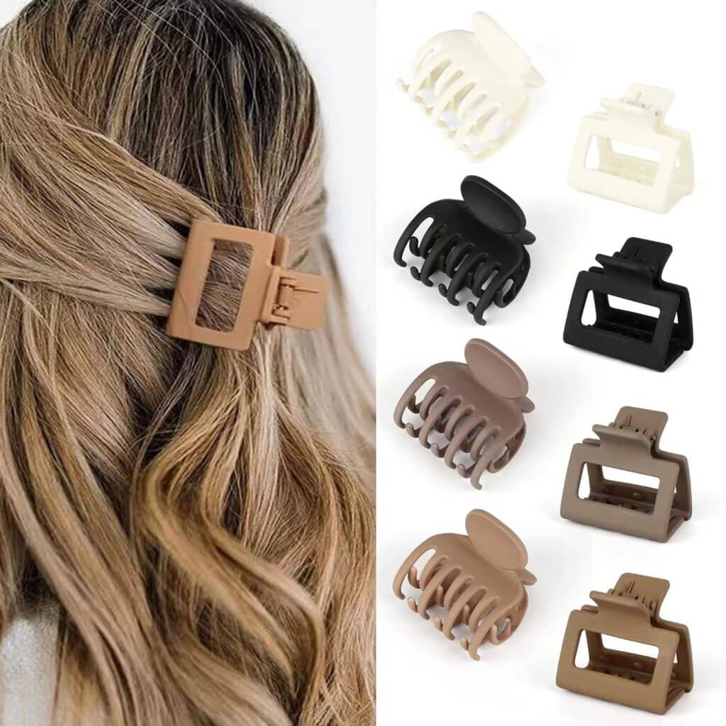 A person with light brown hair styled using a matte, rectangular hair clip. Next to the hair are eight different matte hair clips—black, brown, and beige, in both rectangular and rounded designs—perfect for scoring Thursday Deals.