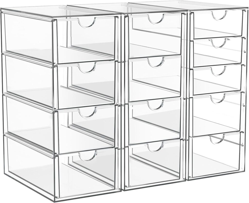 A set of twelve clear plastic storage drawers arranged in three columns and four rows, each with a small, semi-circular handle—perfect for organizing your space and available now with exciting Tuesday Deals.