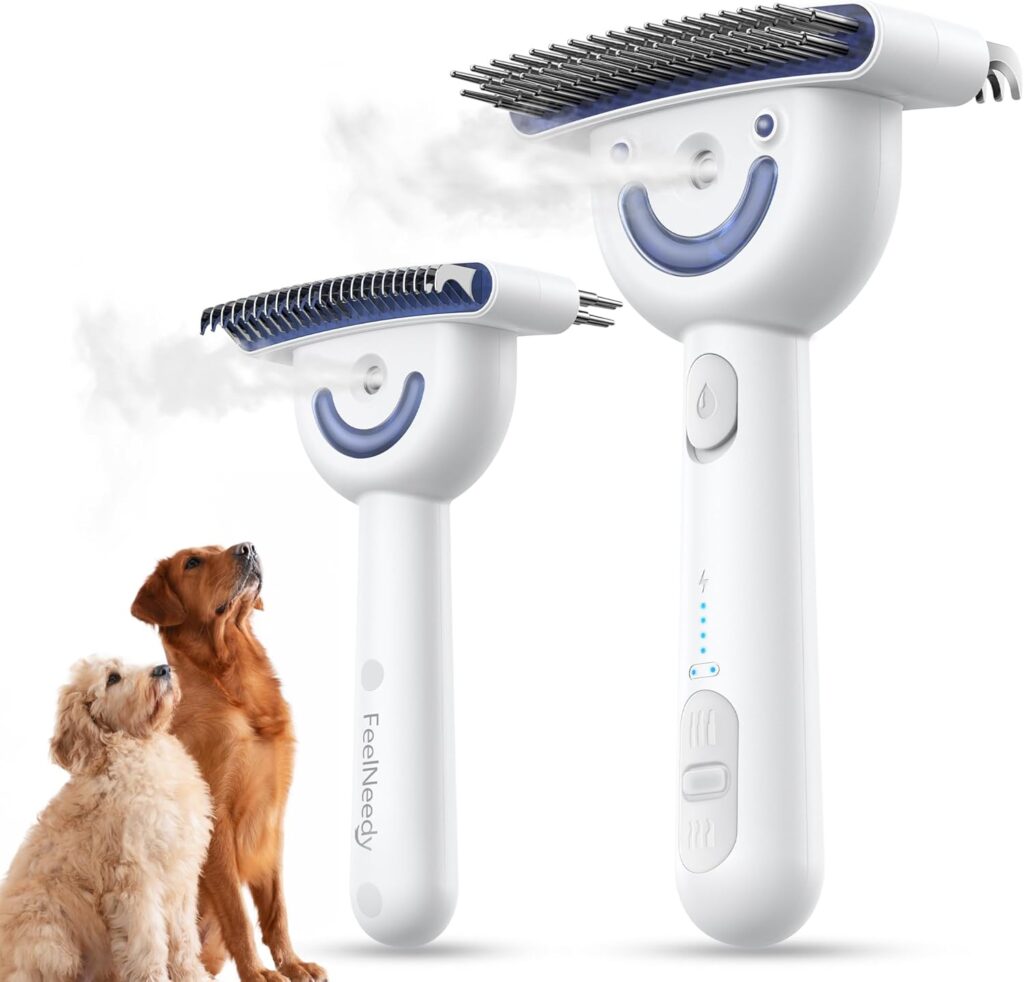 Two dogs look up at two white pet grooming brushes emitting steam, with blue accents, metal bristles, a power button, and an LED indicator for different settings.
