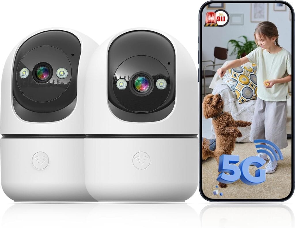 Two white security cameras next to a smartphone displaying a live feed of a young girl playing with a brown dog indoors, with a prominent "5G" symbol on the phone screen.