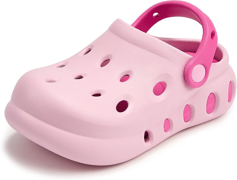 A single light pink clog-style shoe with a matching pink strap and multiple ventilation holes on the top and sides is set against a white background—perfect for refreshing your footwear collection during Tuesday Deals.