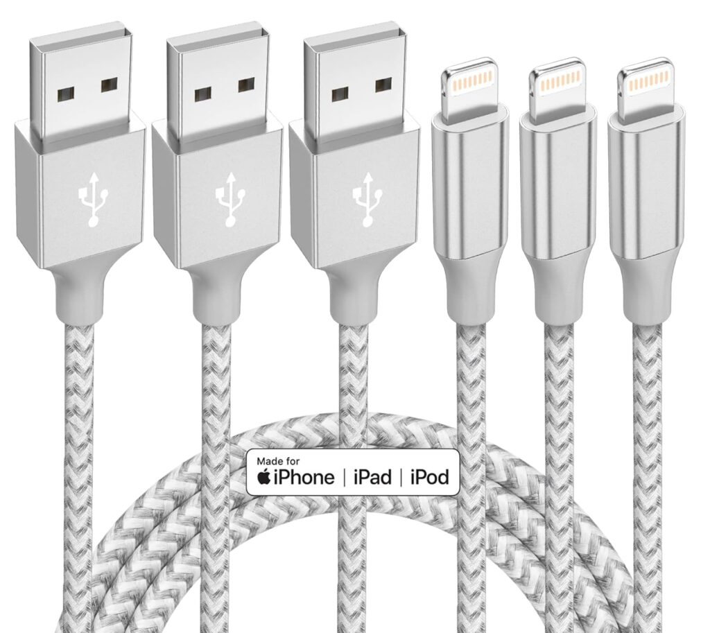 Five silver braided charging cables with USB-A connectors on one end and Lightning connectors on the other, suitable for iPhone, iPad, and iPod. A label indicates compatibility with Apple devices.
