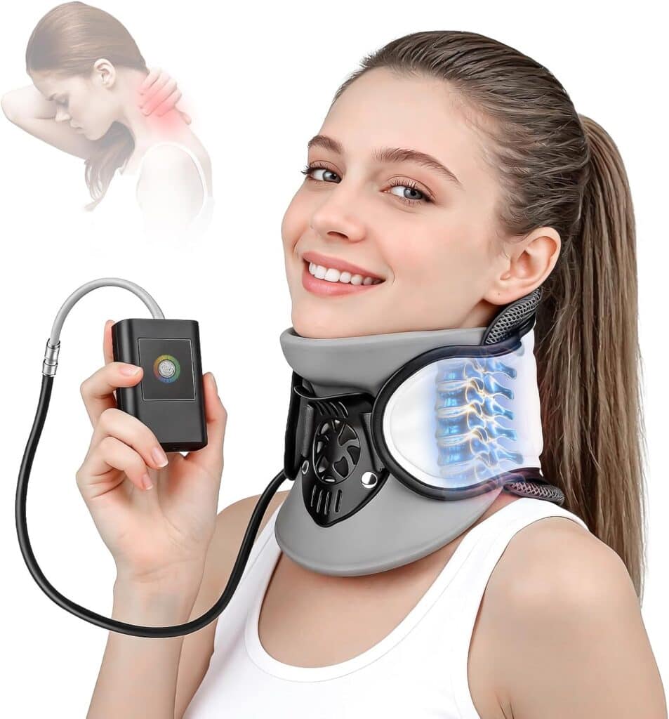 A woman wears an inflatable neck brace with adjustable air pump, smiling while holding the control device. An illustration in the corner shows neck pain relief.