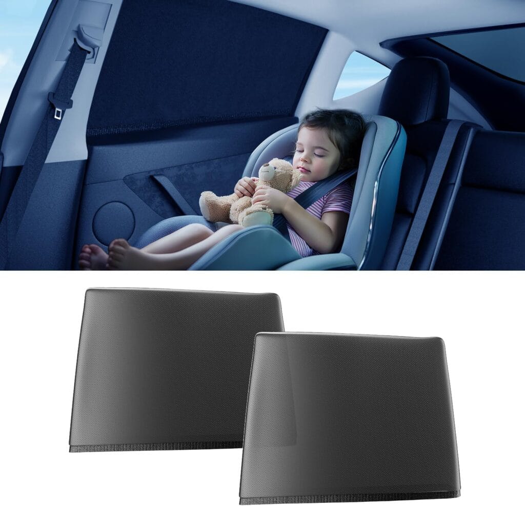 A young child sleeps in a car seat holding a teddy bear, with a sunshade covering the car window. Below, two black car sunshades are displayed against a white background.