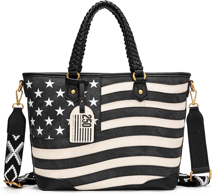 A black-and-white handbag with braided handles and a shoulder strap, featuring a stylized American flag design with stars and stripes. Perfect for Thursday Deals, it also includes a luggage tag with "250" attached near the handles.