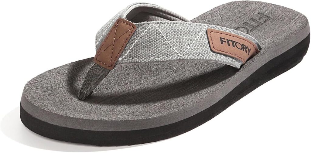 A gray flip-flop sandal with a brown accent, thick sole, and “Fitory” label on the strap, shown on a white background—perfect for snagging during Wednesday Deals.