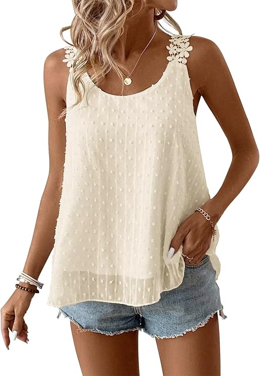A woman wearing a sleeveless, cream-colored, textured top with lace shoulder details, paired with light denim shorts, a pendant necklace, and bracelets on both wrists—perfect for scooping up Thursday Deals.