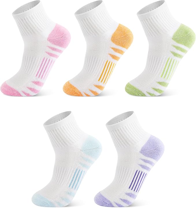 Five pairs of white ankle socks, each with colored accents on the toe, heel, and stripes—pink, orange, green, blue, and purple. Perfect for Monday Deals! The socks are arranged in two rows on a white background.