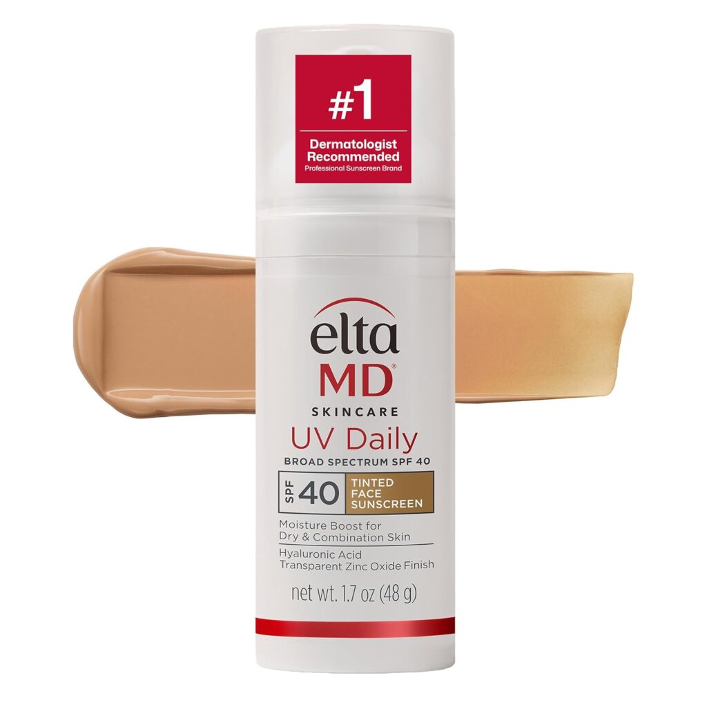 A bottle of EltaMD UV Daily Broad Spectrum SPF 40 Tinted Face Sunscreen is shown in front of a smear of the tinted product, with a red badge reading "#1 Dermatologist Recommended" above it.
