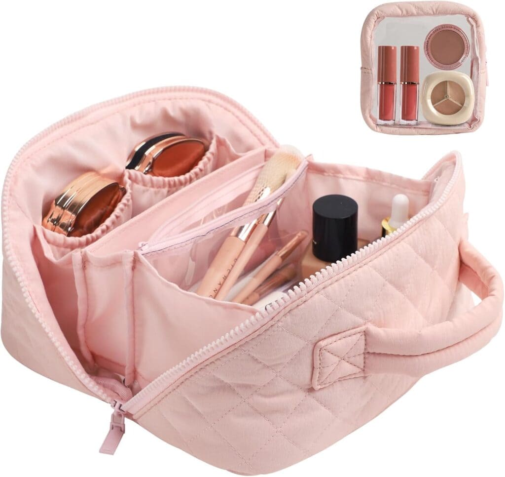 A light pink quilted makeup bag with compartments, holding various cosmetics like compact powders, brushes, lipstick, and nail polish. An inset shows the bag neatly packed with makeup items inside.