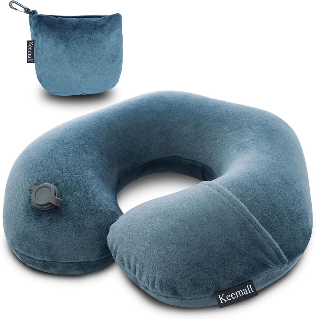 A blue inflatable travel neck pillow with a soft fabric cover and pump, shown with a matching zippered storage pouch. Both items display the brand name "Keemall" on fabric tags—perfect for Wednesday Deals and savvy travelers seeking comfort on the go.