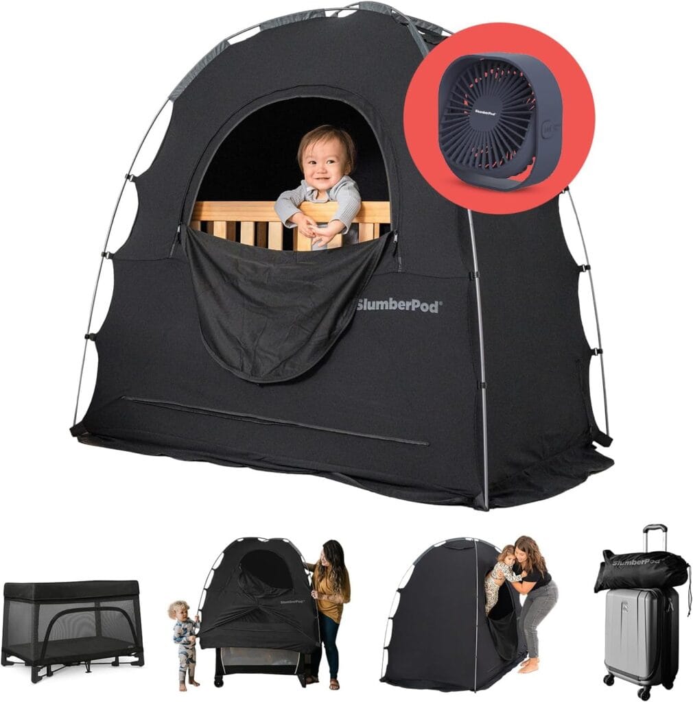 A toddler in a crib tent with a fan above. Below, images show the convenient crib setup, the tent securely placed over a crib, a woman folding the tent, and the tent packed neatly in a suitcase—perfect for travel or for snagging on Wednesday Deals.