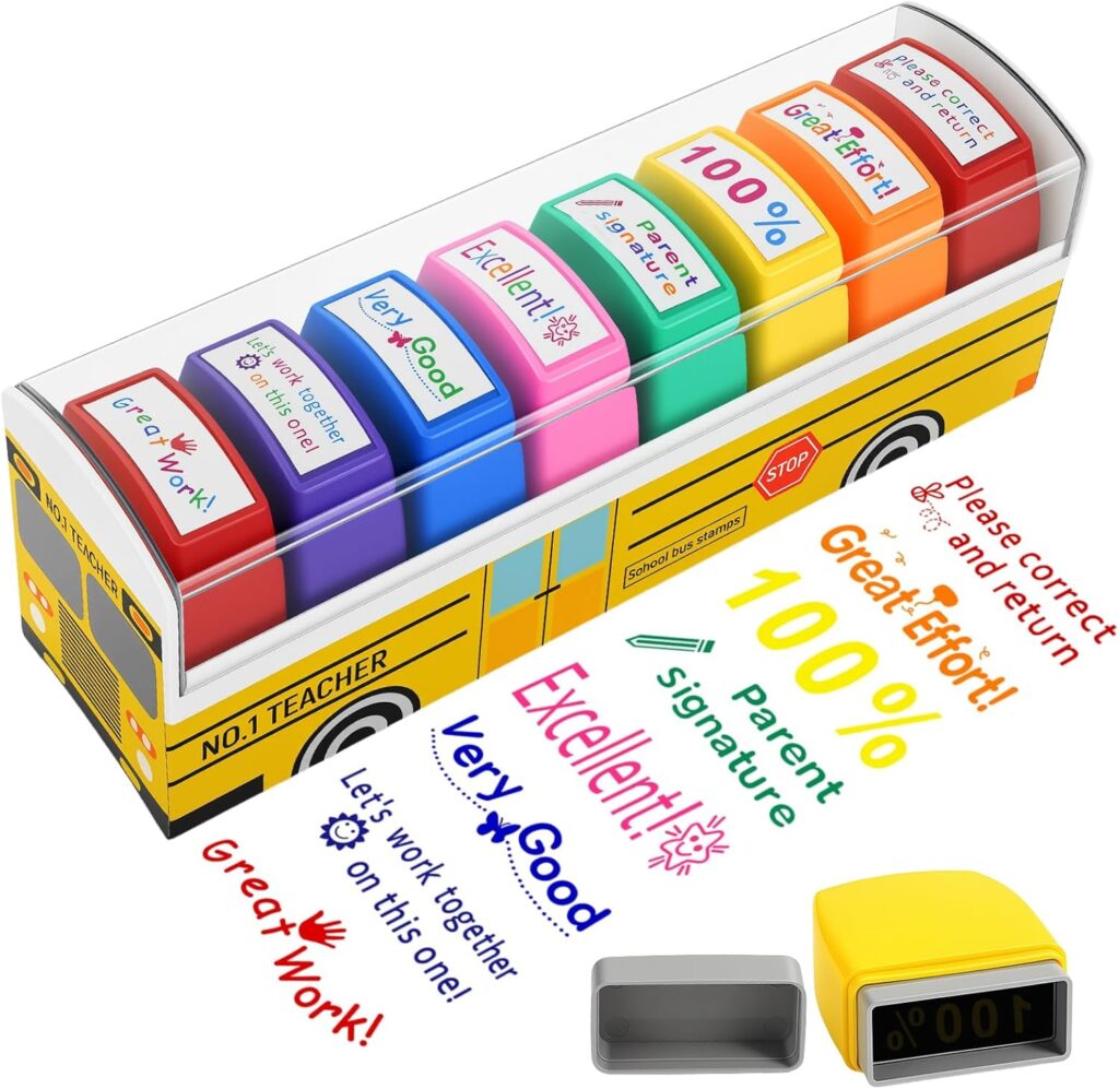 A set of colorful teacher stamps in a bus-shaped case, each stamp with messages like "Great Work!", "100%", "Very Good", "Please correct and return," and more. Perfect for classroom motivation or as unique finds in Wednesday Deals. Stamp impressions are shown below the case.