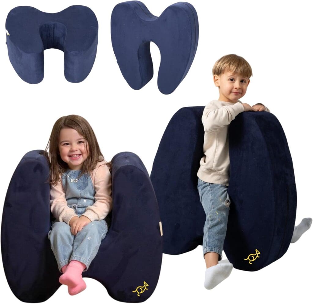 Two dark blue, M-shaped foam chairs are shown. One child sits on a chair, smiling, while another sits inside the second chair. Two additional views are displayed above them—perfect picks for this week’s Thursday Deals.