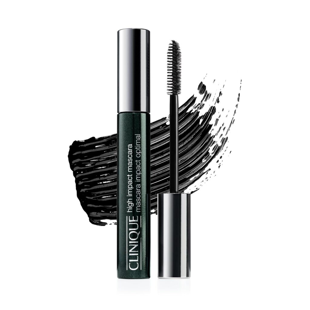 Clinique High Impact Mascara tube with wand displayed, and a bold black mascara swatch in the background against a white surface.