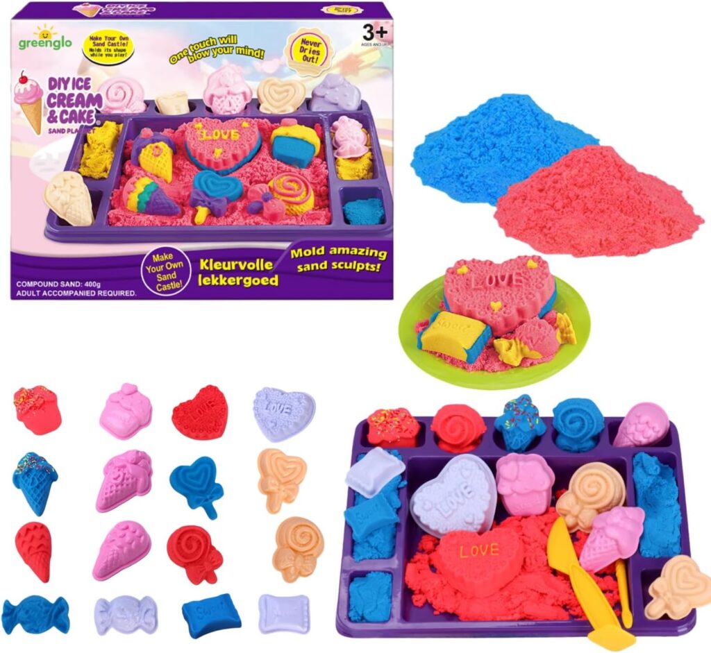 DIY ice cream and cake sand play set for kids ages 3+, includes colorful molds in various shapes, sculpted sand in blue and pink, plastic tray, and tools, with "LOVE" and dessert-themed designs.