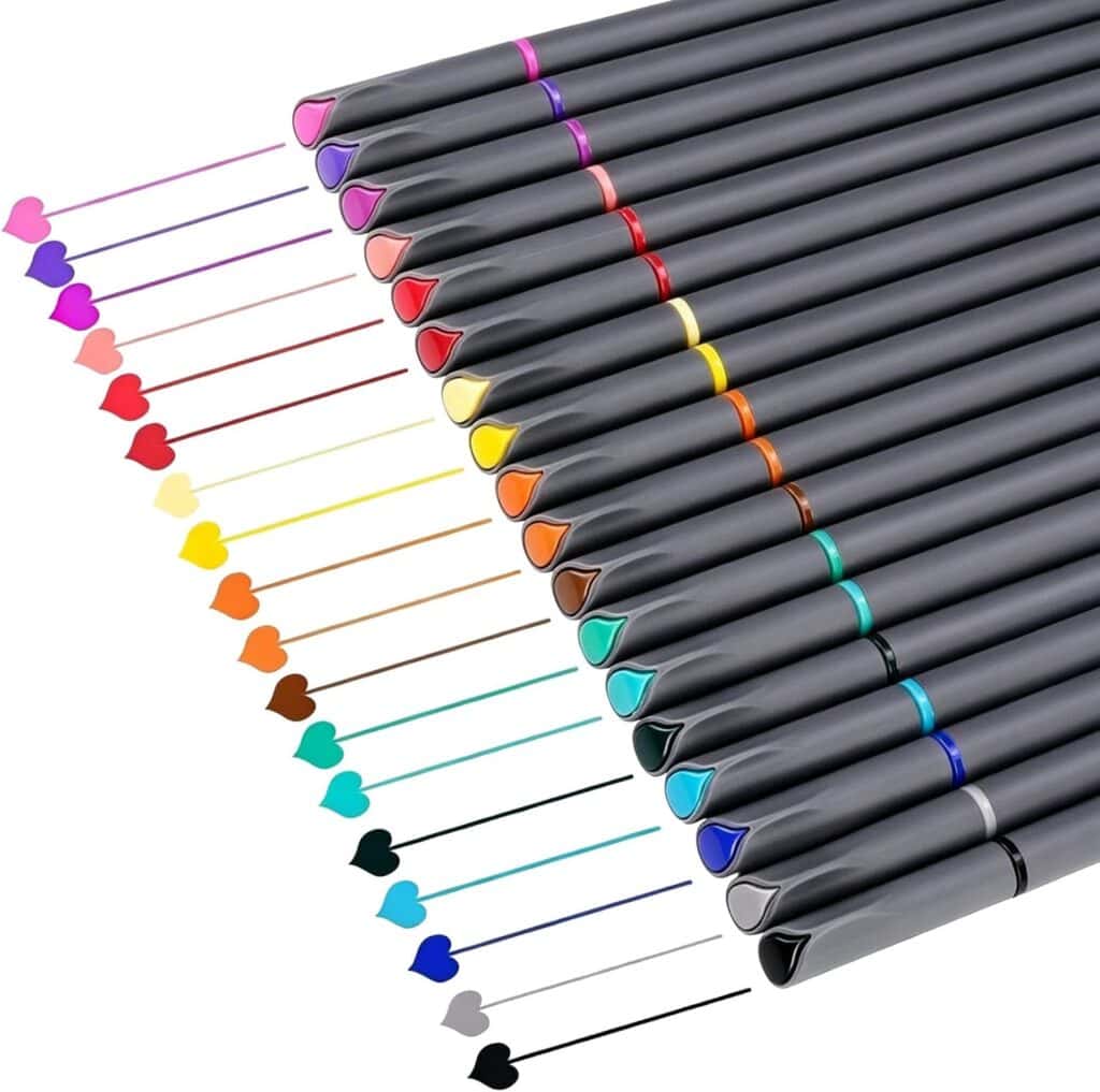 A set of colorful fineliner pens arranged diagonally with caps on, each drawing a matching colored line ending in a heart shape, displayed on a white background—perfect for brightening your notes or journals with these Monday Deals.