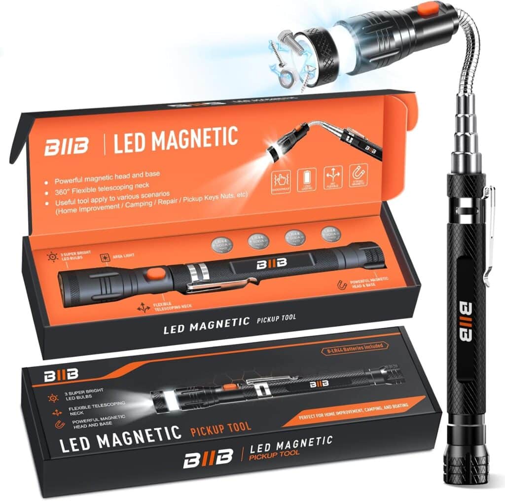 LED magnetic pickup tool with a flexible neck extended, shown with packaging. The tool has built-in lights and a telescoping metal shaft for retrieving small items like screws or keys. Packaging highlights its features and uses.