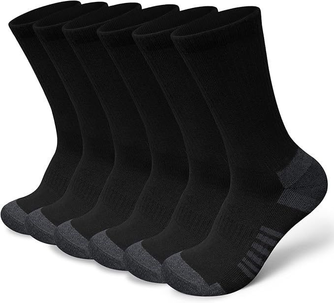 Six pairs of black crew socks with dark gray heels and toes are arranged side by side on a white background—perfect for slipping on before grabbing your cooler backpack during the big 51% off backpack sale.