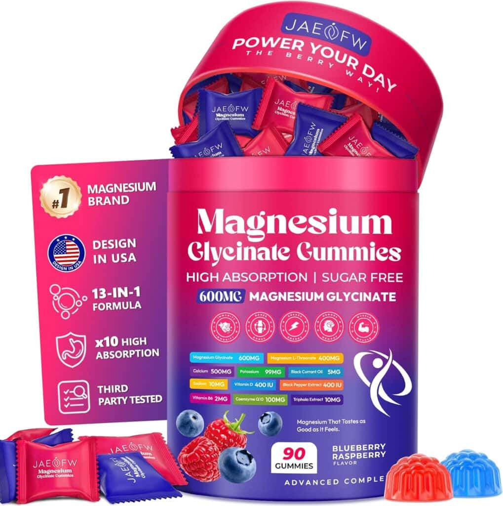 A container of JAEQW Magnesium Glycinate Gummies, with colorful gummies and fruit images. The label highlights high absorption, sugar-free, blueberry/raspberry flavor, and 600mg dosage. Individual packs are also shown—perfect for stocking up during Tuesday Deals.