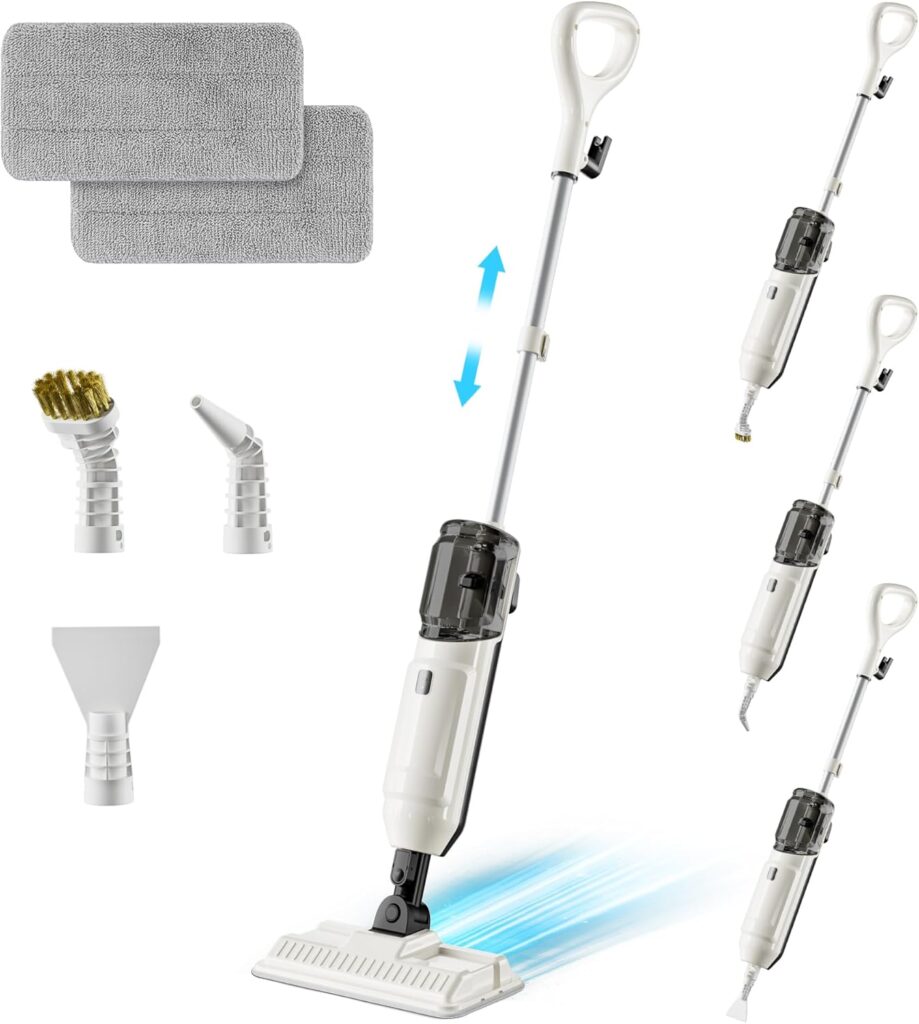 Lightweight white steam mop with detachable handle, several cleaning attachments, two gray microfiber pads, and illustrations showing different configurations for various cleaning tasks. Blue lines indicate steam coming from the mop.