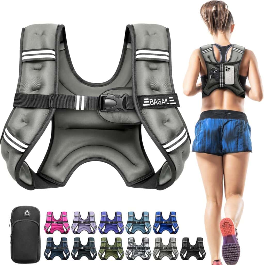 A woman runs wearing a gray weighted vest with reflective strips and a phone pocket on the back. The image also shows the vest in eight different colors and includes a small zippered pouch.
