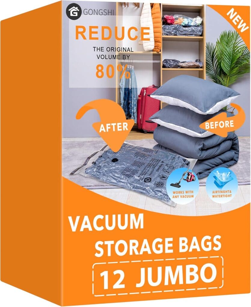 Vacuum storage bags package showing before and after images of bulky bedding compressed in bags, with text highlighting 80% volume reduction and "12 Jumbo" size. Orange and white design with shelves and luggage in background.