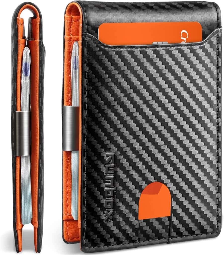 A slim wallet for men crafted from black carbon fiber with an orange interior, displayed from front and side angles, holds a silver pen and an orange credit card partially visible in the front pocket. Now available at 50% off.