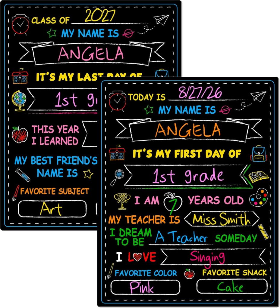 Two colorful chalkboard signs for children to fill out on their first and last days of school, with spaces for name, grade, date, favorite things, and dreams. Each sign has bright school-themed doodles and writing prompts—perfect for capturing memories and a fun idea to add to your Tuesday Deals collection.