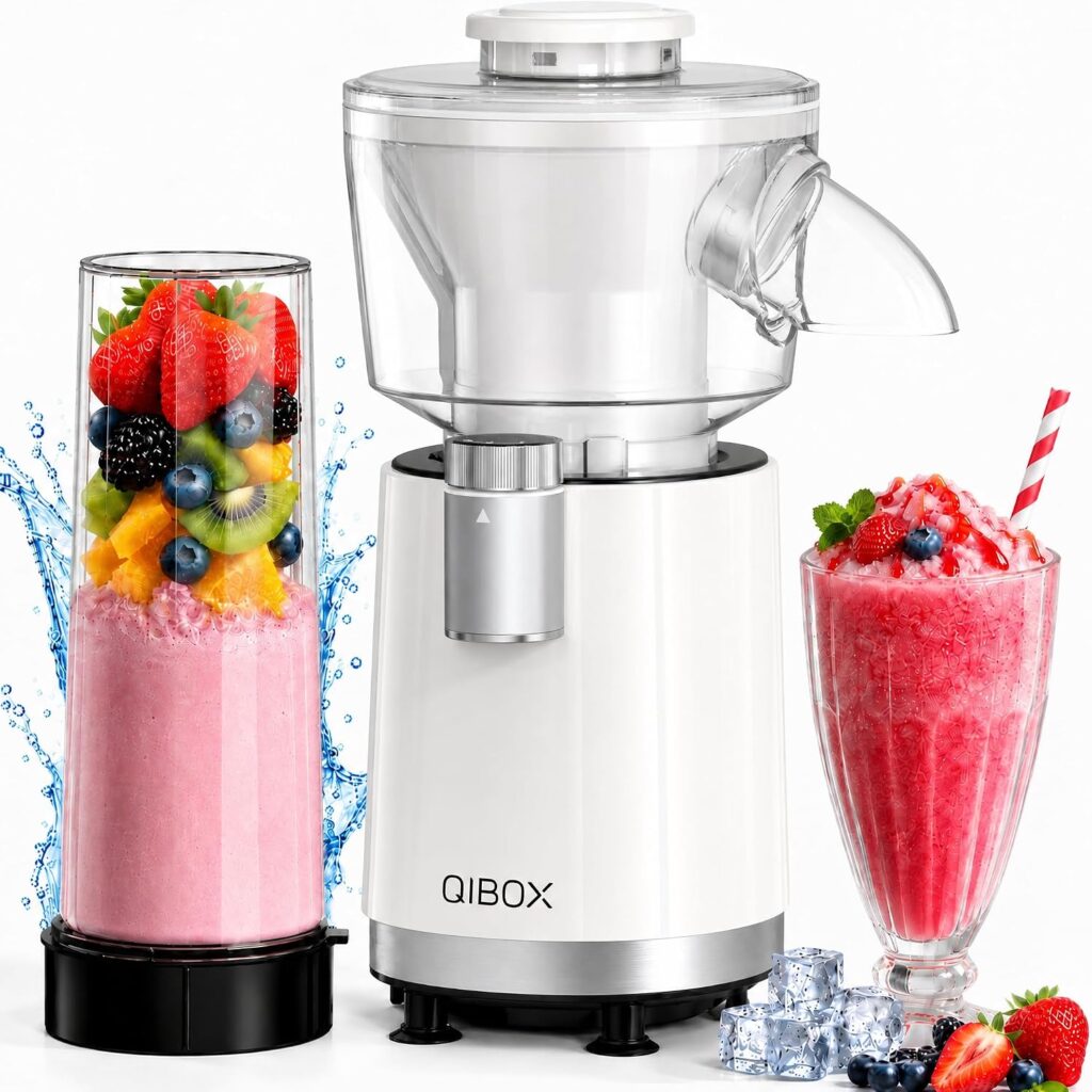 A white QIBOX blender with a container of layered fruit and smoothie on the left, a glass of berry smoothie with a straw on the right, ice cubes, berries, and splashes of water surrounding the items.