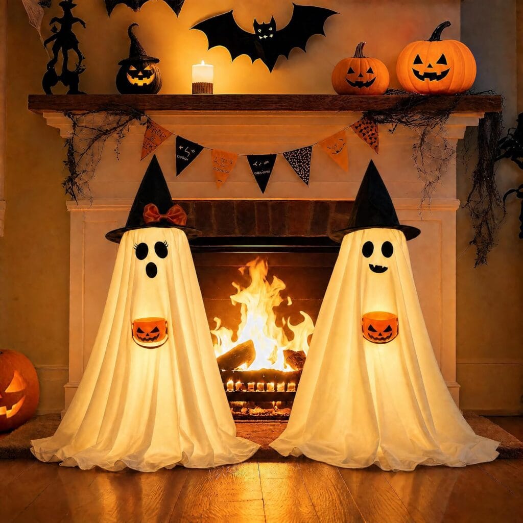 Two glowing ghost decorations with hats and pumpkin buckets stand in front of a lit fireplace, surrounded by pumpkins, Halloween garlands, and a bat decoration on the mantel—perfect for adding spooky charm to your home while taking advantage of Wednesday Deals.