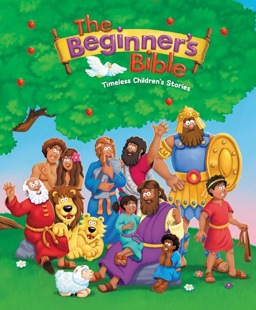 A colorful cartoon illustration of biblical characters, including a lion, a giant soldier in armor, children, and adults in robes, under a tree with red fruit. Text reads: "The Beginner's Bible: Timeless Children's Stories.