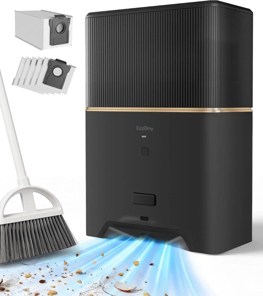 A black automatic dustbin with a sweeping sensor vacuums debris from the floor. A broom pushes dirt toward the dustbin, while vacuum bags and filters are shown in the corner.