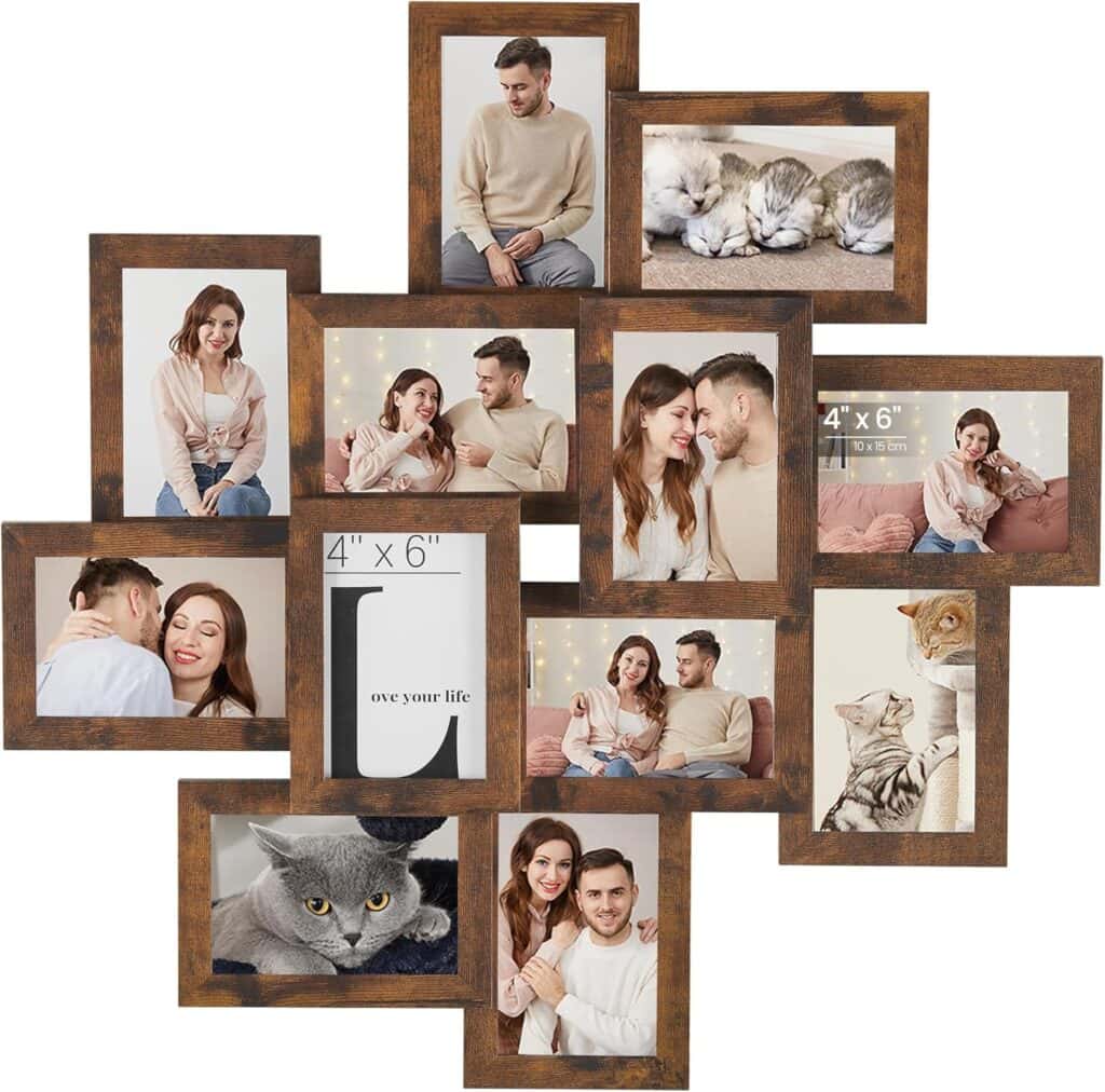 A collage of twelve wooden photo frames arranged in a geometric pattern, displaying photos of a couple, two gray cats, and gray tabby kittens, along with a frame reading "Love your life.