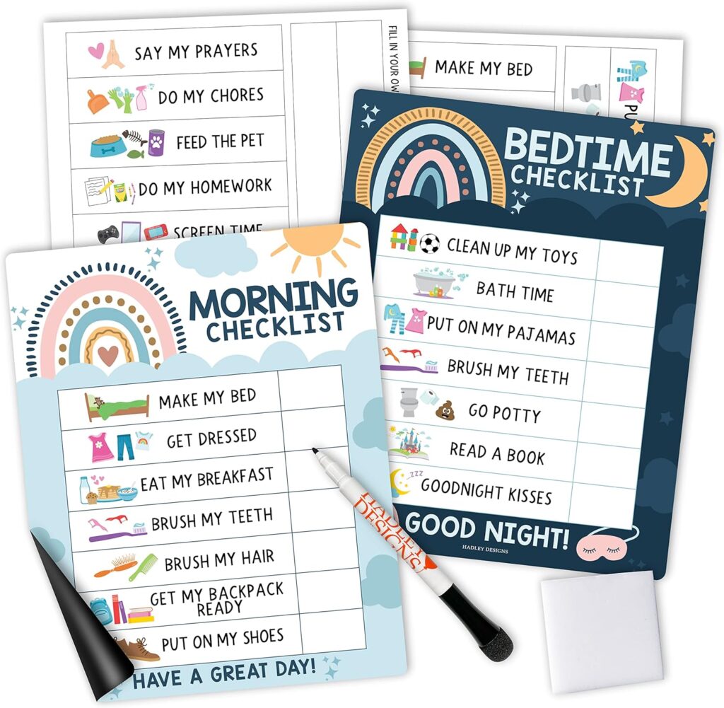 Four illustrated checklists for kids show morning and bedtime tasks like making the bed, brushing teeth, and saying prayers. Perfect for families looking to stay organized, this set comes with a dry-erase marker and eraser. Don’t miss out on our special Wednesday Deals!.