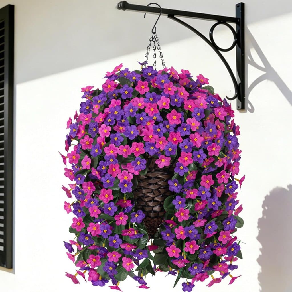 A hanging basket filled with vibrant purple and pink flowers is suspended from a decorative black metal bracket attached to a white exterior wall. The flowers are lush and cascading, creating a colorful, full display.