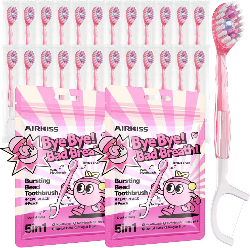 A set of 24 pink toothbrushes, two peach-flavored Airkiss "Bye Bye! Bad Breath!" toothbrush packs, and a close-up of one toothbrush, all featuring cartoon toothbrush mascots and labeled as 5-in-1 dental care tools.