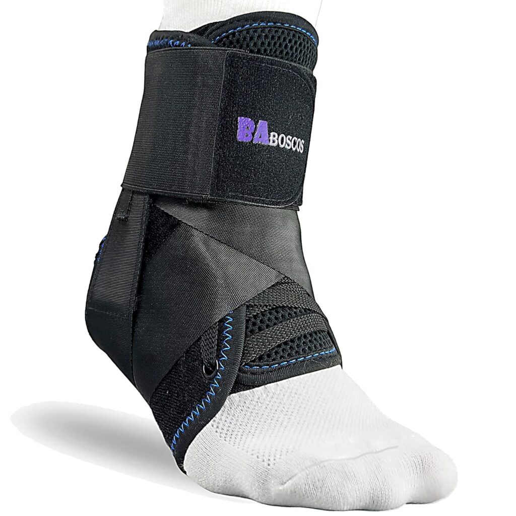 A black ankle brace with blue stitching is worn over a white sock, providing support and compression around the ankle and foot. The brace has adjustable straps secured with Velcro.