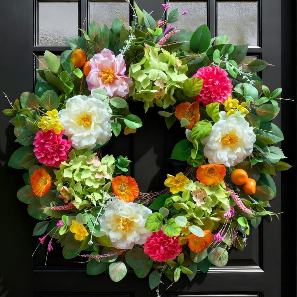 A vibrant floral wreath with white, pink, orange, and yellow flowers, along with green leaves, hangs on a dark-colored door—perfect for brightening your entryway. Enjoy Monday Deals to bring this cheerful, welcoming arrangement home.