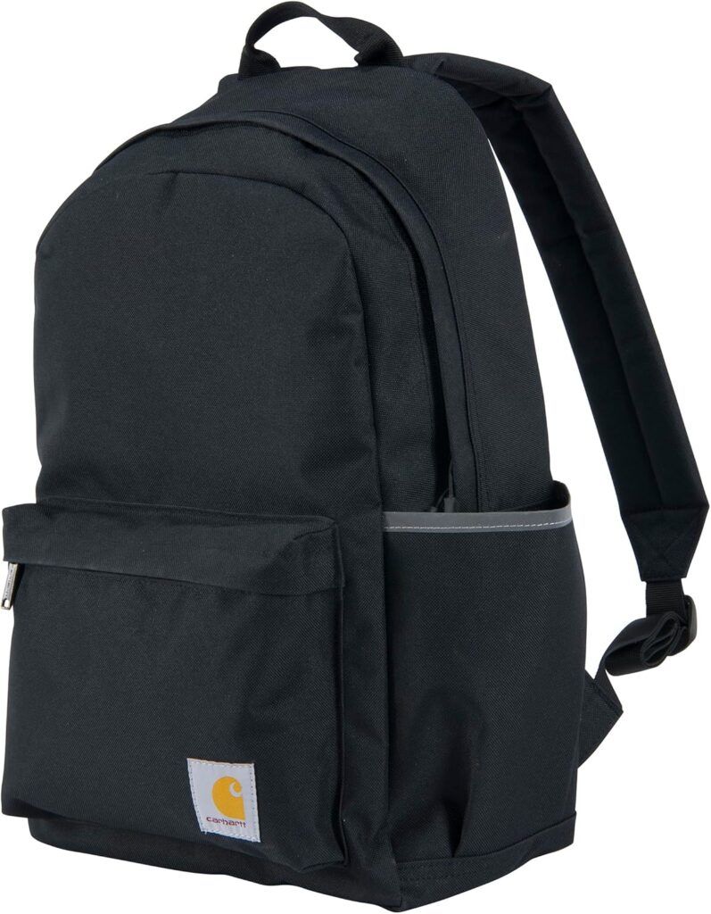A black backpack with padded straps, a front zippered pocket, side pocket, and a small Carhartt logo patch on the lower front. Enjoy this simple and functional design as part of our exclusive Monday Deals.