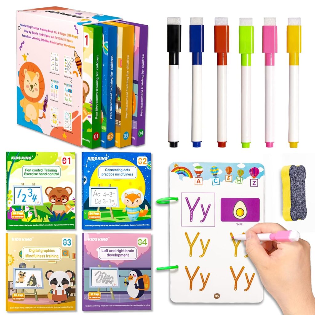 A colorful educational set with books, four dry-erase markers, an eraser, and activity cards for kids. A hand writes the letter “Y” on a wipe-clean board featuring letters, pictures, and learning activities.