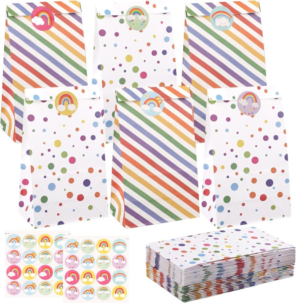 Colorful paper gift bags with diagonal rainbow stripes and multicolored polka dots. Each bag is sealed with a circular sticker featuring rainbows or clouds. Enjoy Thursday Deals—extra stickers and stacked bags are also visible.