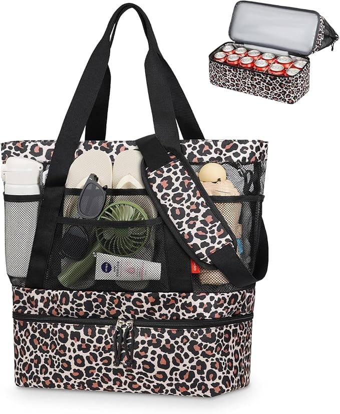 Leopard print tote bag with black handles, mesh front pockets holding various items, and a zippered bottom compartment shown open separately, containing soda cans.
