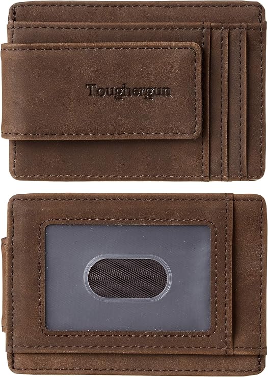 Brown leather wallet shown from two angles: the front view displays the "Toughergun" logo and card slots, while the back view highlights a transparent ID window with a thumb slot—perfect for Thursday Deals shoppers seeking style and convenience.