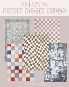 A collage of five different rugs with vibrant patterns and colors, labeled “Amazon Dorm Room Rugs” at the top and “The Bargain Sisters” at the bottom—perfect for adding style to your space, inspired by men’s summer fashion.