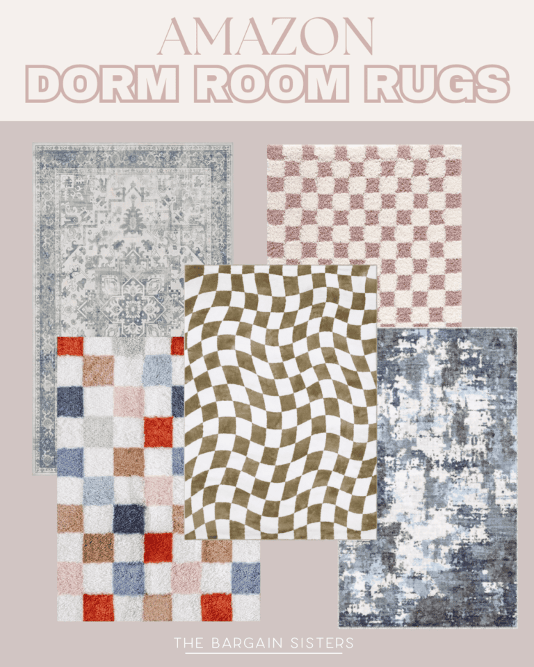 A collage of five different rugs with vibrant patterns and colors, labeled “Amazon Dorm Room Rugs” at the top and “The Bargain Sisters” at the bottom—perfect for adding style to your space, inspired by men’s summer fashion.