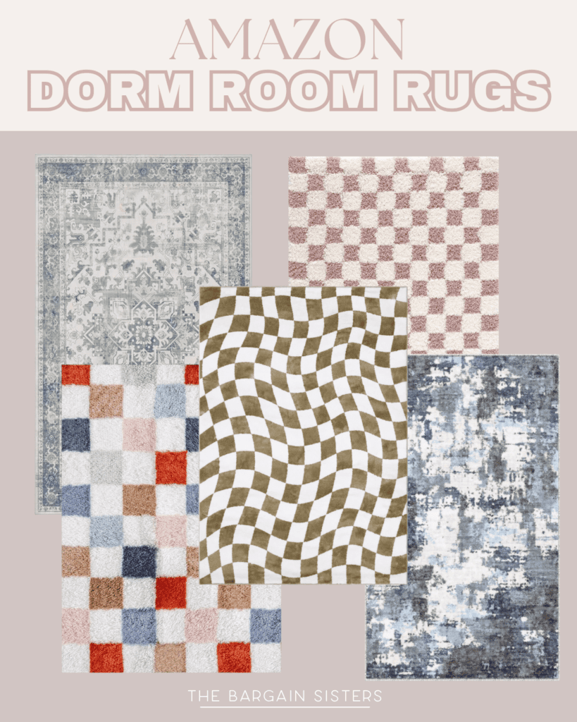 A collage of five different rugs with vibrant patterns and colors, labeled “Amazon Dorm Room Rugs” at the top and “The Bargain Sisters” at the bottom—perfect for adding style to your space, inspired by men’s summer fashion.