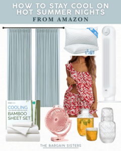 A collage labeled “How to Stay Cool on Hot Summer Nights from Amazon” features best summer essentials like cooling curtains, a cooling pillow, tower fan, bamboo sheets, a pink fan, a woman in a red floral nightdress, and iced drinks in glass jars.